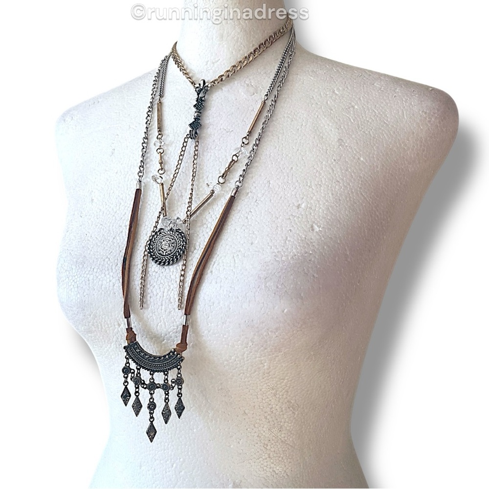 NWT Free People Can't Stand The Rain Layered Necklace Gold Silver & Brown Suede - Picture 3 of 13